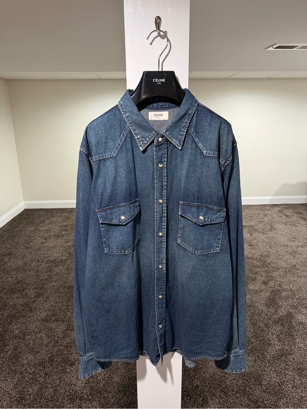 Celine x Hedi Western Stone Wash Blue Denim Button Up Shirt